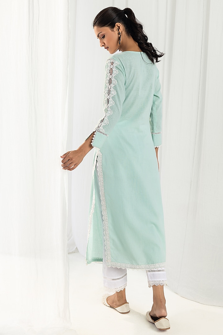 Blue Cotton Kantha Handcrafted Straight Kurta Set by Roze at Pernia's Pop Up Shop