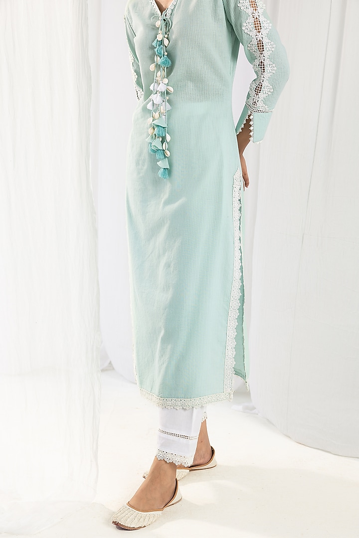 Blue Cotton Kantha Handcrafted Straight Kurta Set by Roze at Pernia's Pop Up Shop