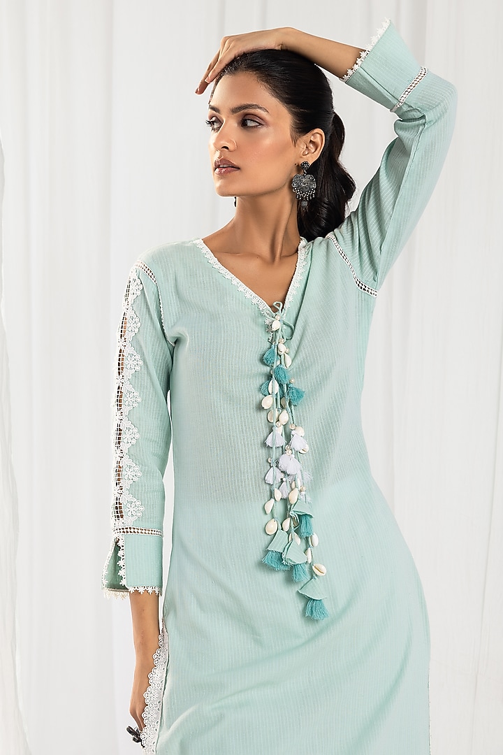 Blue Cotton Kantha Handcrafted Straight Kurta Set by Roze at Pernia's Pop Up Shop