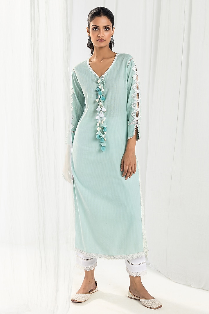 Blue Cotton Kantha Handcrafted Straight Kurta Set by Roze at Pernia's Pop Up Shop