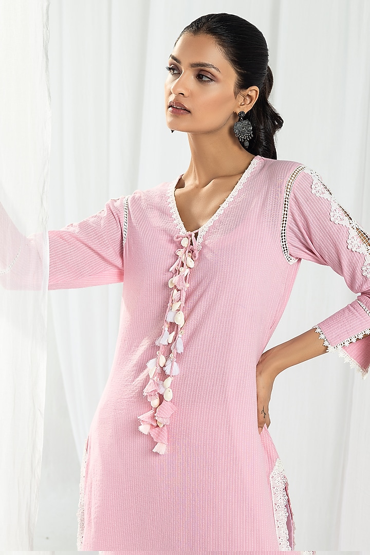 Pink Cotton Kantha Handcrafted Straight Kurta Set by Roze at Pernia's Pop Up Shop
