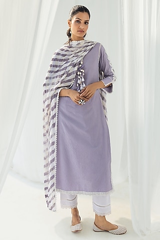 Purple Cotton Kantha Handcrafted Straight Kurta Set by Roze