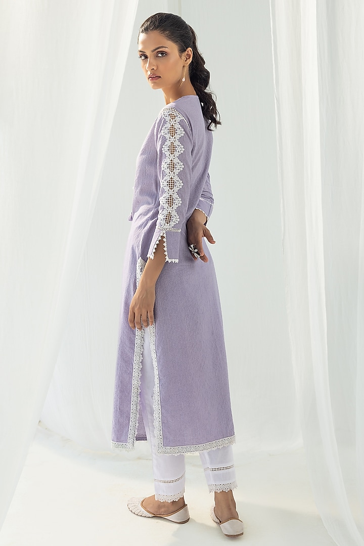 Purple Cotton Kantha Handcrafted Straight Kurta Set by Roze at Pernia's Pop Up Shop