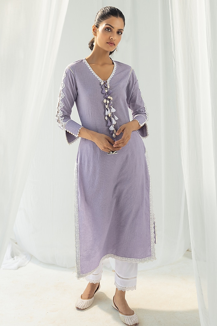 Purple Cotton Kantha Handcrafted Straight Kurta Set by Roze at Pernia's Pop Up Shop