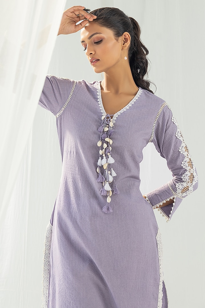 Purple Cotton Kantha Handcrafted Straight Kurta Set by Roze at Pernia's Pop Up Shop