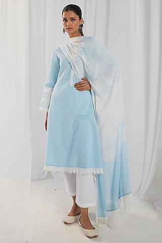 Blue Cotton Kantha Handcrafted Straight Kurta Set by Roze