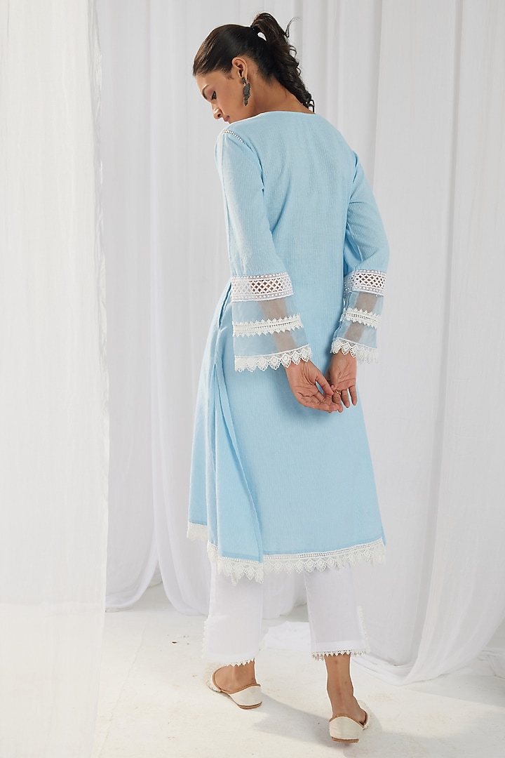 Blue Cotton Kantha Handcrafted Straight Kurta Set by Roze at Pernia's Pop Up Shop