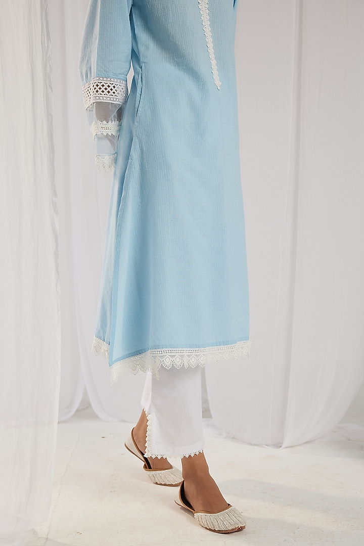 Blue Cotton Kantha Handcrafted Straight Kurta Set by Roze at Pernia's Pop Up Shop