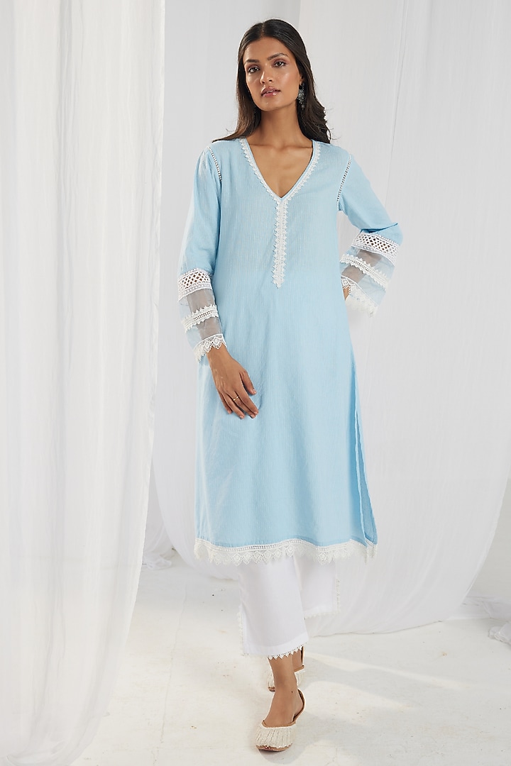 Blue Cotton Kantha Handcrafted Straight Kurta Set by Roze at Pernia's Pop Up Shop