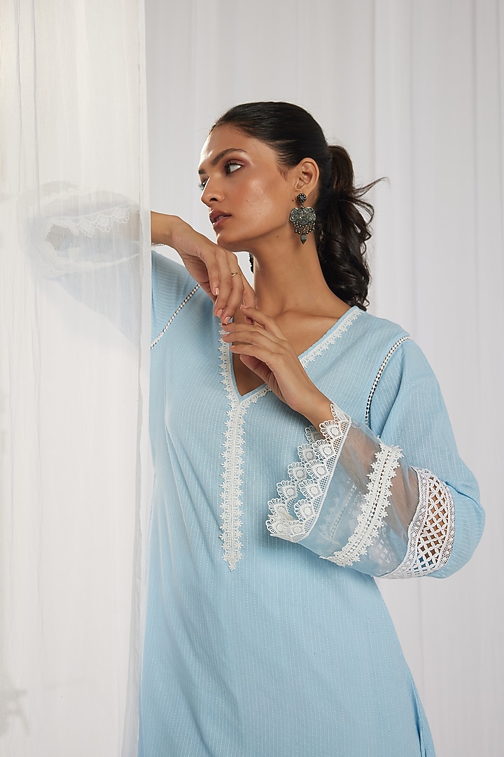 Blue Cotton Kantha Handcrafted Straight Kurta Set by Roze at Pernia's Pop Up Shop