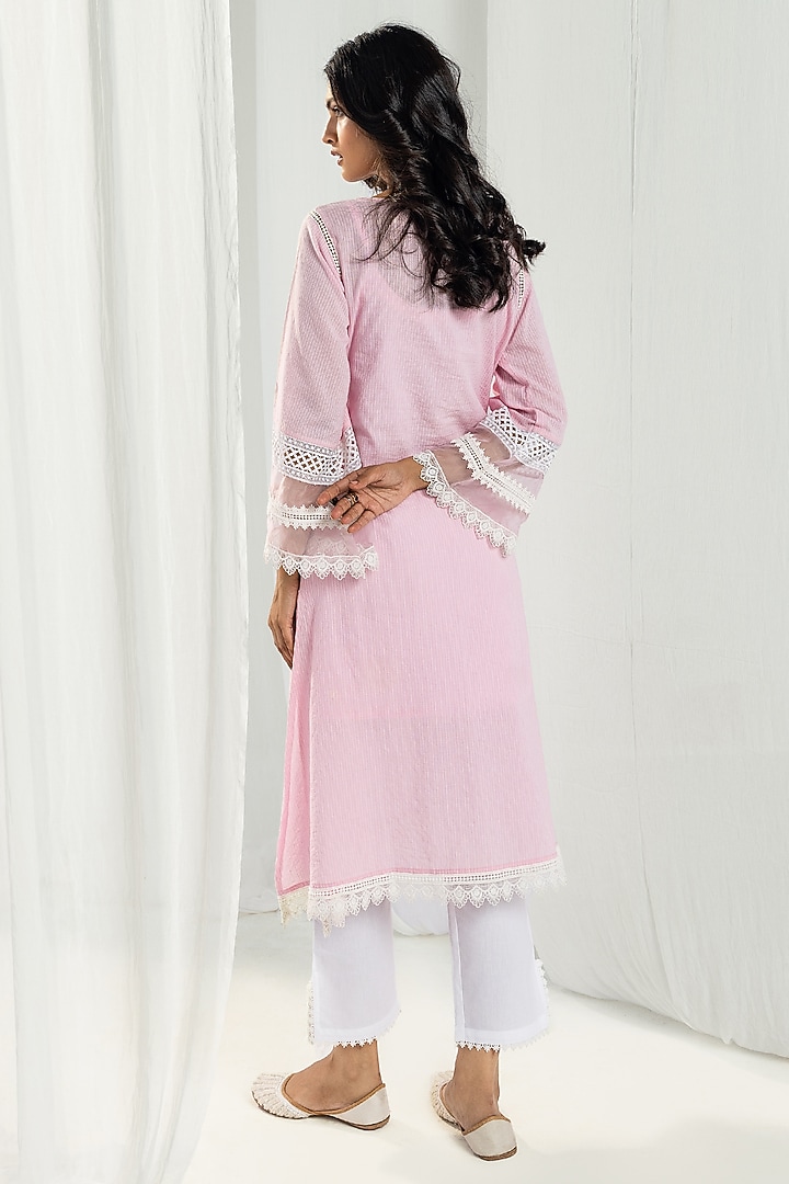 Pink Cotton Kantha Handcrafted Straight Kurta Set by Roze at Pernia's Pop Up Shop
