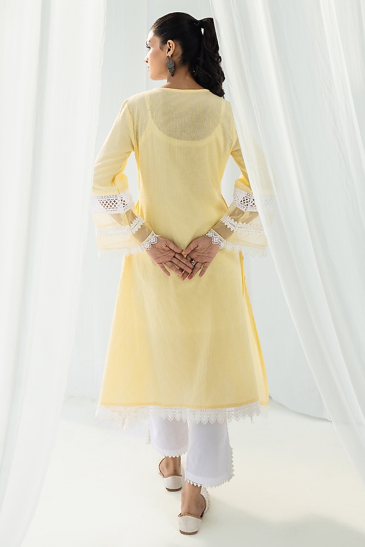 Yellow Cotton Kantha Handcrafted Straight Kurta Set by Roze at Pernia's Pop Up Shop