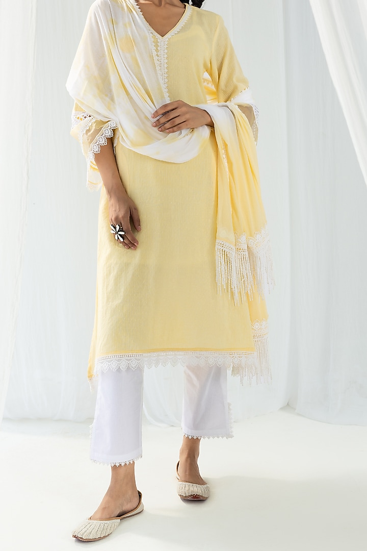 Yellow Cotton Kantha Handcrafted Straight Kurta Set by Roze at Pernia's Pop Up Shop