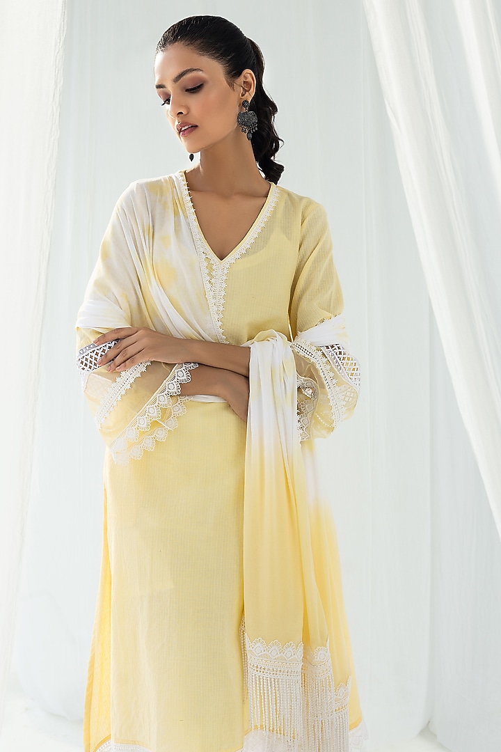 Yellow Cotton Kantha Handcrafted Straight Kurta Set by Roze at Pernia's Pop Up Shop