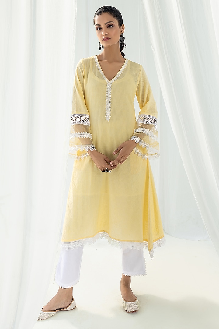 Yellow Cotton Kantha Handcrafted Straight Kurta Set by Roze at Pernia's Pop Up Shop