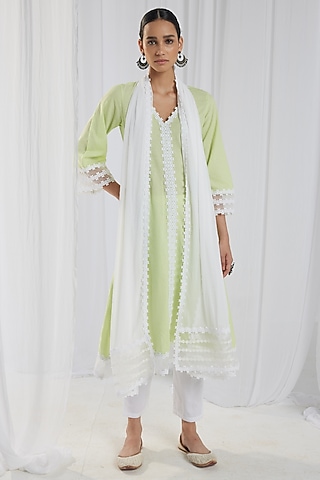 Green Cotton Kantha Handcrafted Straight Kurta Set by Roze