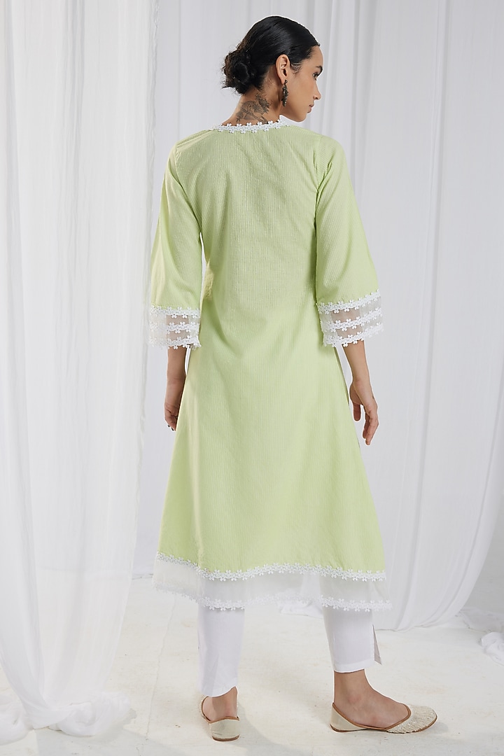 Green Cotton Kantha Handcrafted Straight Kurta Set by Roze at Pernia's Pop Up Shop