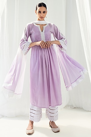 Lavender Cotton Kantha Handcrafted Straight Kurta Set by Roze