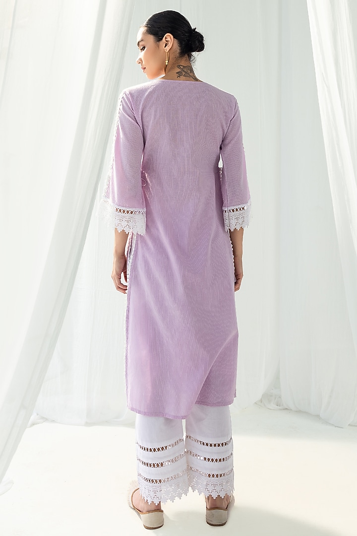 Lavender Cotton Kantha Handcrafted Straight Kurta Set by Roze at Pernia's Pop Up Shop