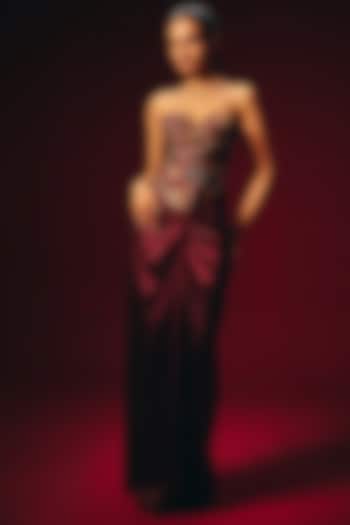 Wine Armani Satin Hand Embroidered Draped Skirt Set by Roze at Pernia's Pop Up Shop
