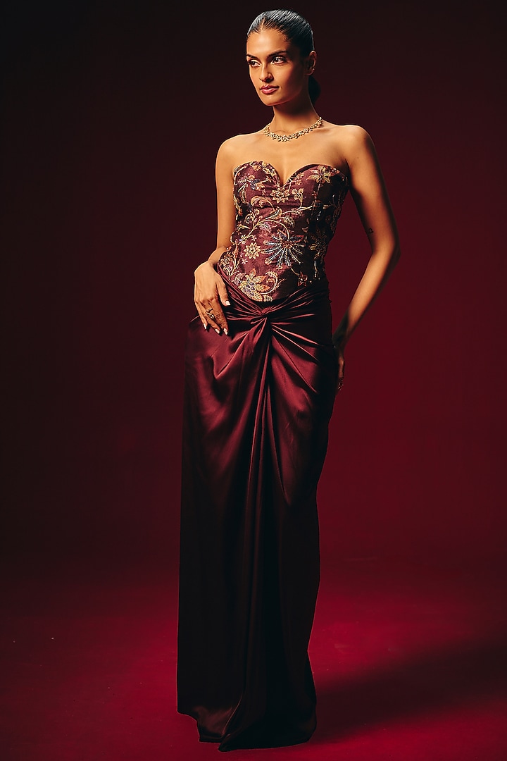 Wine Armani Satin Hand Embroidered Draped Skirt Set by Roze at Pernia's Pop Up Shop