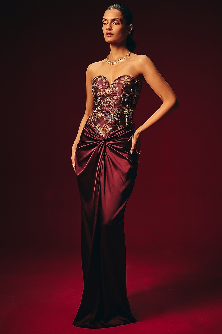 Wine Armani Satin Hand Embroidered Draped Skirt Set by Roze at Pernia's Pop Up Shop
