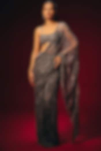 Grey Chiffon Hand Embroidered Pre-Draped Wedding Saree Set by Roze at Pernia's Pop Up Shop