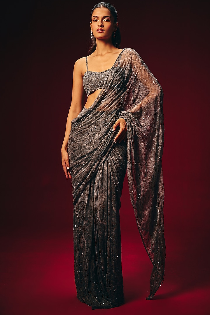 Grey Chiffon Hand Embroidered Pre-Draped Wedding Saree Set by Roze at Pernia's Pop Up Shop