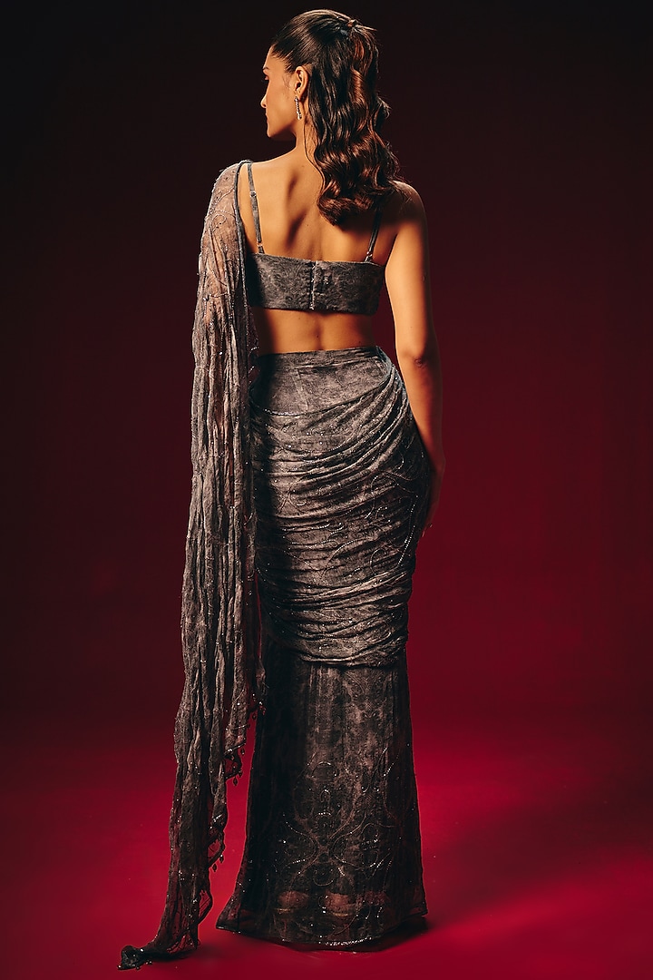 Grey Chiffon Hand Embroidered Pre-Draped Wedding Saree Set by Roze at Pernia's Pop Up Shop