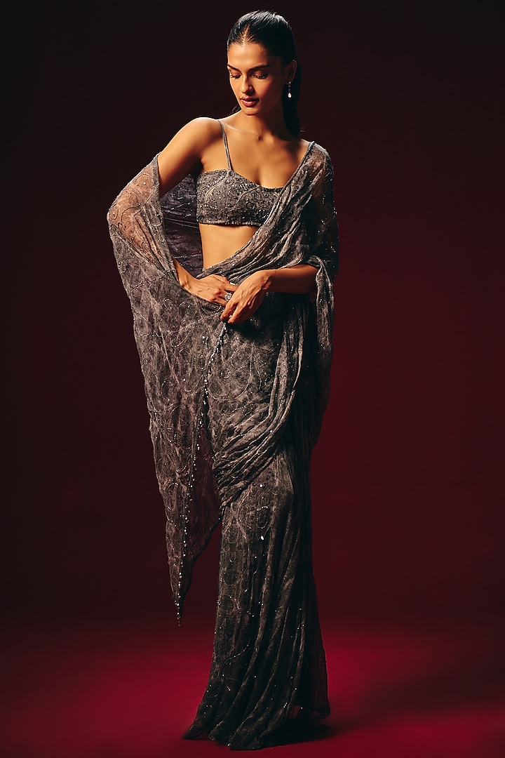Grey Chiffon Hand Embroidered Pre-Draped Wedding Saree Set by Roze at Pernia's Pop Up Shop