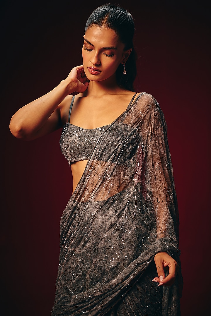 Grey Chiffon Hand Embroidered Pre-Draped Wedding Saree Set by Roze at Pernia's Pop Up Shop