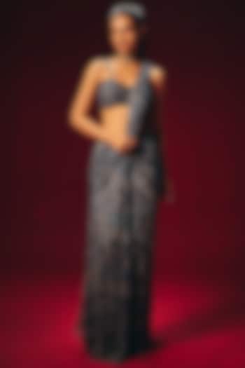 Blue Chiffon Hand Embellished Pre-Draped Paisley Wedding Saree Set by Roze at Pernia's Pop Up Shop