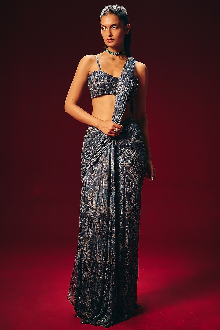 Blue Chiffon Hand Embellished Pre-Draped Paisley Wedding Saree Set by Roze at Pernia's Pop Up Shop