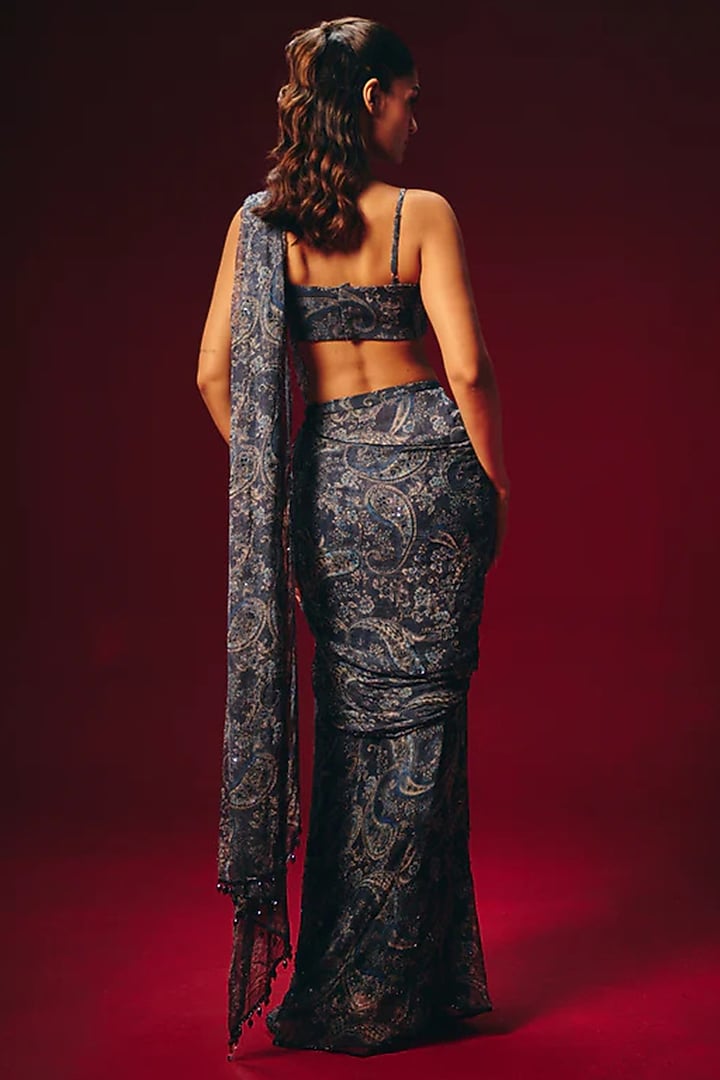 Blue Chiffon Hand Embellished Pre-Draped Paisley Wedding Saree Set by Roze at Pernia's Pop Up Shop