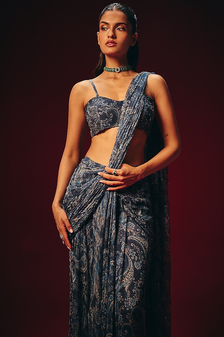 Blue Chiffon Hand Embellished Pre-Draped Paisley Wedding Saree Set by Roze at Pernia's Pop Up Shop