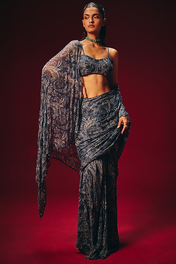 Blue Chiffon Hand Embellished Pre-Draped Paisley Wedding Saree Set by Roze at Pernia's Pop Up Shop