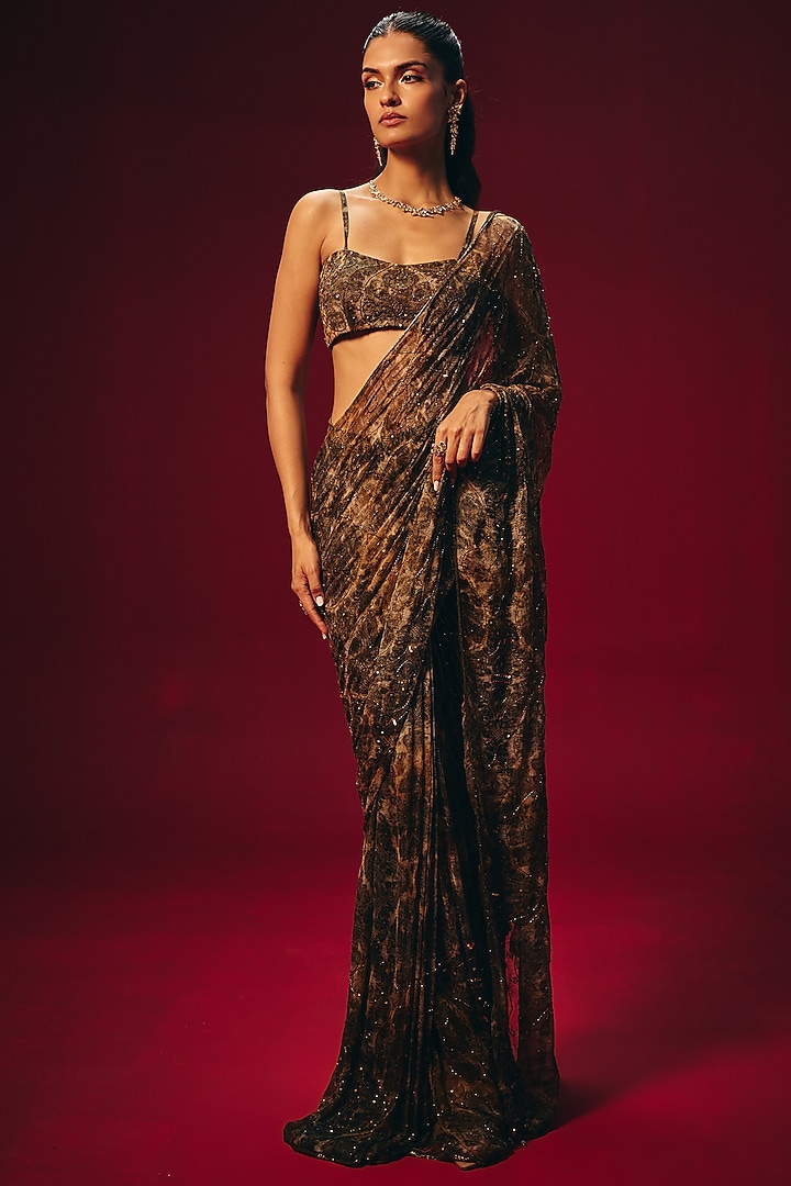 Golden Brown Chiffon Hand Embroidered Pre-Draped Wedding Saree Set by Roze at Pernia's Pop Up Shop