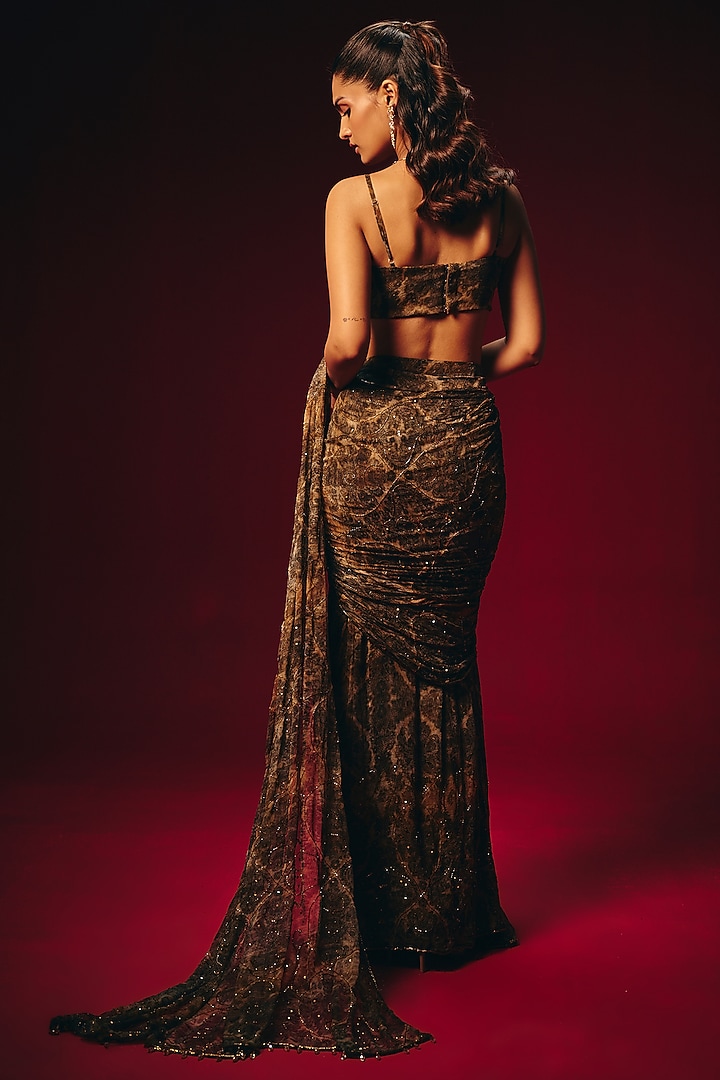 Golden Brown Chiffon Hand Embroidered Pre-Draped Wedding Saree Set by Roze at Pernia's Pop Up Shop