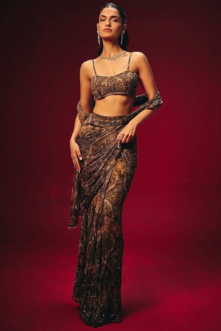 Golden Brown Chiffon Hand Embroidered Pre-Draped Wedding Saree Set by Roze at Pernia's Pop Up Shop