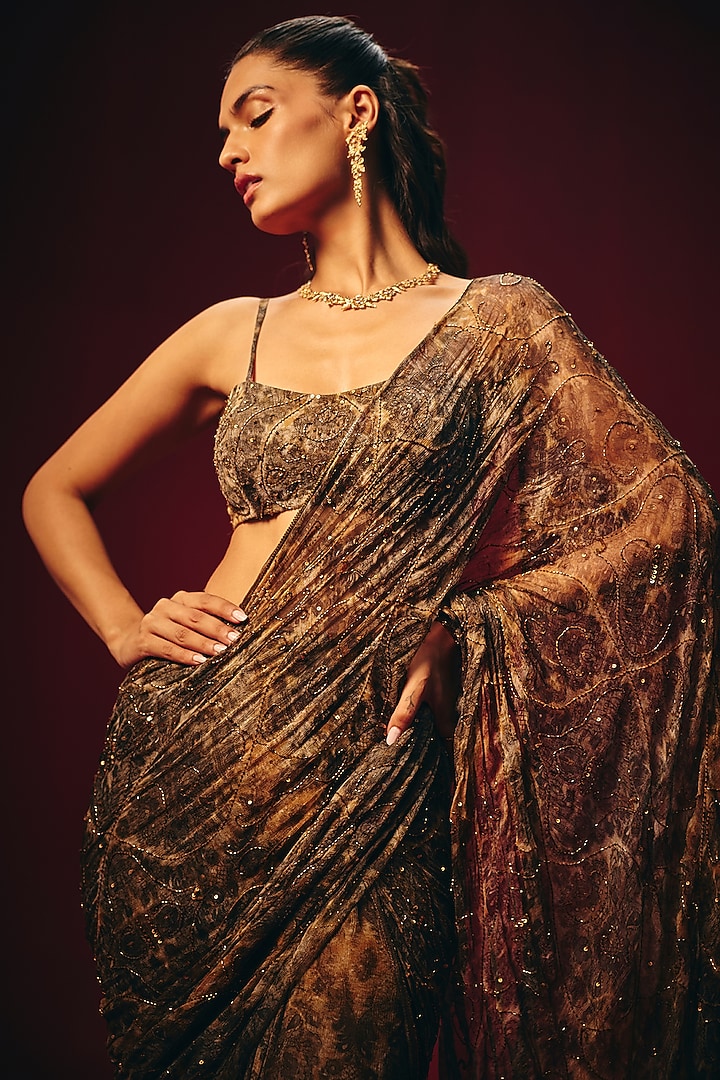 Golden Brown Chiffon Hand Embroidered Pre-Draped Wedding Saree Set by Roze at Pernia's Pop Up Shop