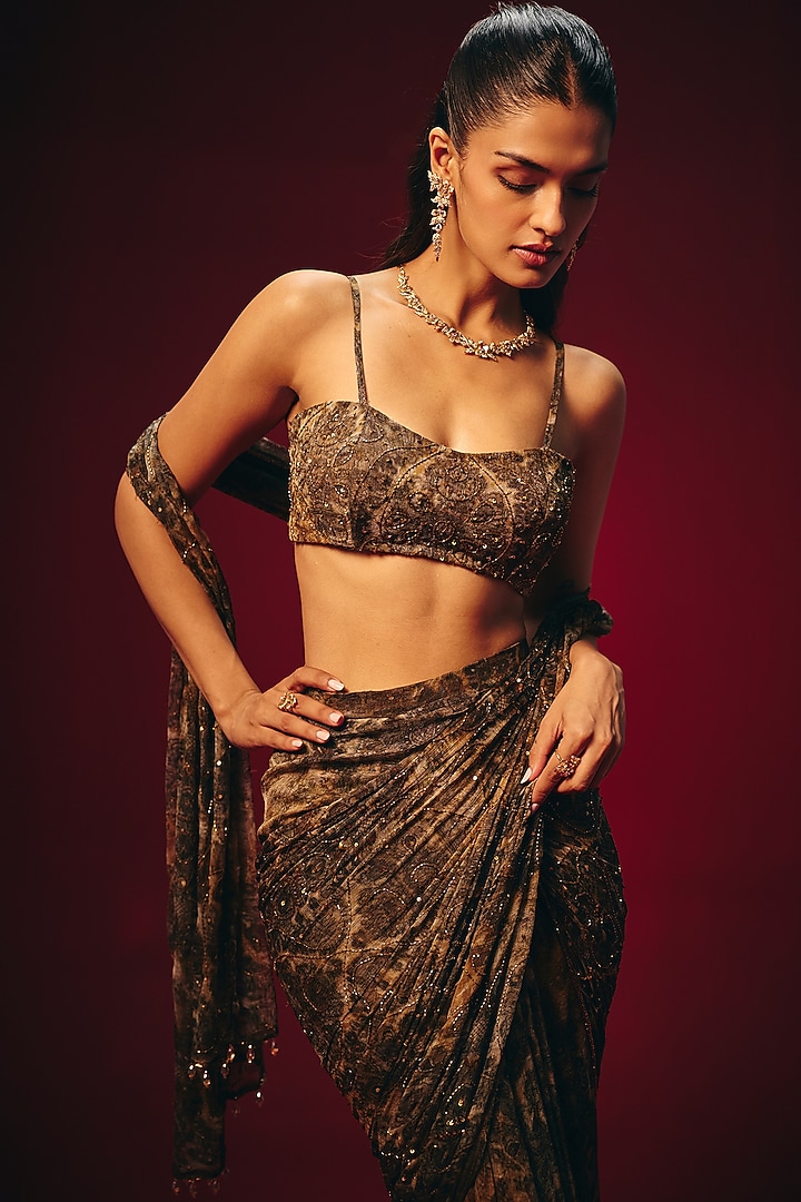 Golden Brown Chiffon Hand Embroidered Pre-Draped Wedding Saree Set by Roze at Pernia's Pop Up Shop