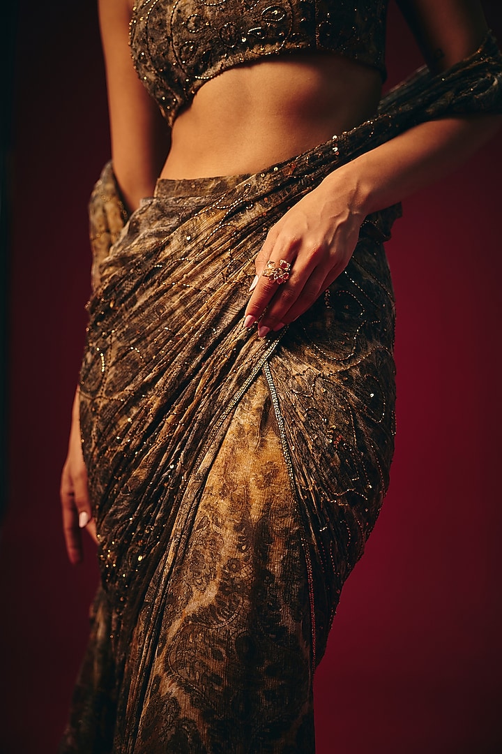 Golden Brown Chiffon Hand Embroidered Pre-Draped Wedding Saree Set by Roze at Pernia's Pop Up Shop