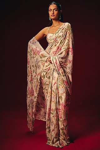 White Pure Organza Floral Embroidered Pre-Draped Saree Set by Roze