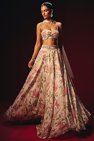 White Pure Organza Embroidered Lehenga Set by Roze
