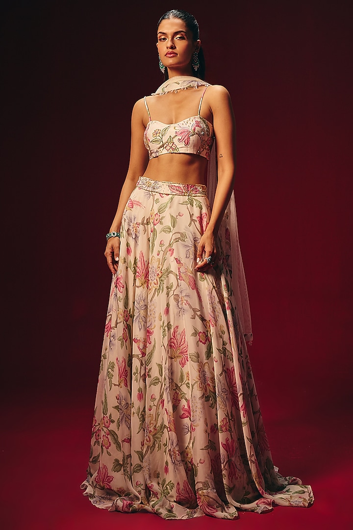 White Pure Organza Embroidered Lehenga Set by Roze at Pernia's Pop Up Shop