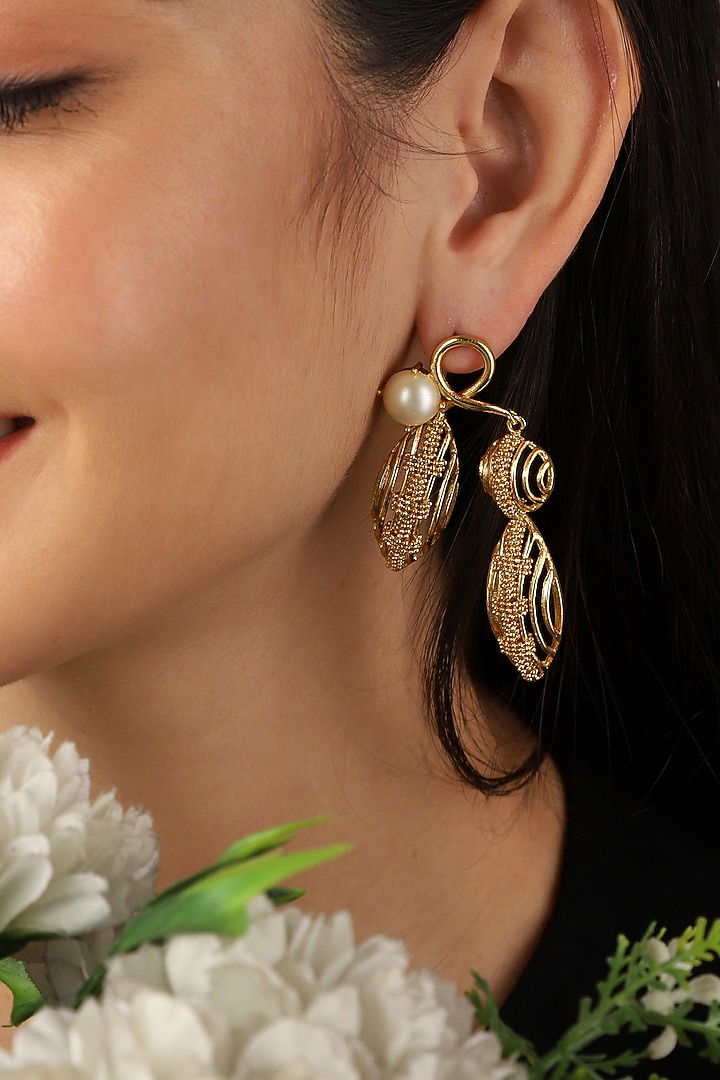 Gold Rhodium Finish Pearl & Hand-Knotted Ball Chain Embellished marquise Dangler Earrings by Itrana By Sonal Gupta at Pernia's Pop Up Shop