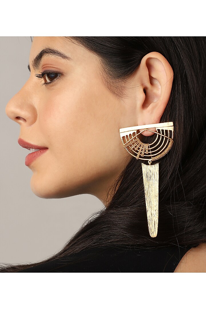 Gold Plated Weaved Ball Chain Semi Circle Earrings by Itrana By Sonal Gupta