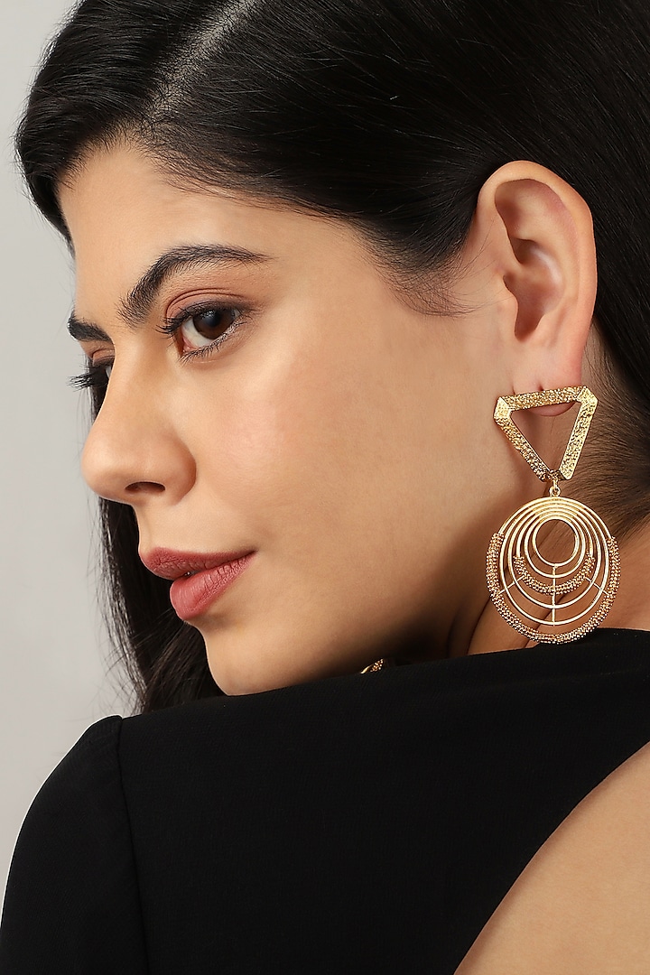 Itrana presents Gold plated textured triangle top and spiral round motifs earrings available only at Pernia's Pop Up Shop.