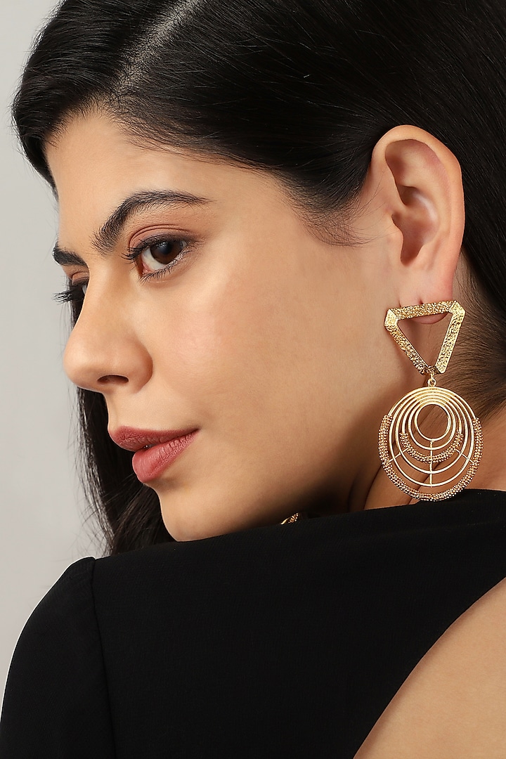 Gold Plated Textured Triangle Top and Spiral Round Motifs Earrings by Itrana By Sonal Gupta