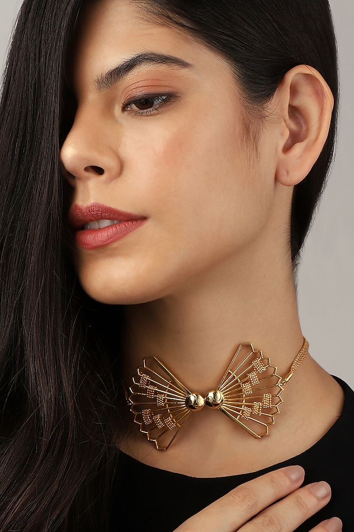 Gold Finish Bow Choker Necklace by Itrana By Sonal Gupta